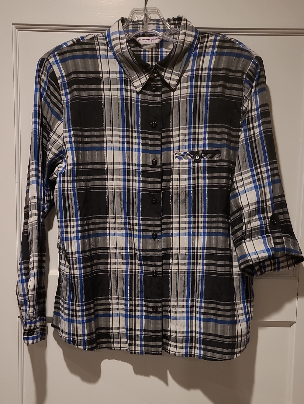 Allison Daley Black Gray White Blue Plaid Button-Down Shirt